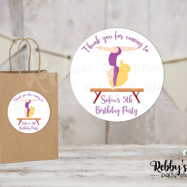 Gymnastic Girl Personalized Birthday Party Round Stickers , Personalized Favor Stickers , Gymnastic Stickers , 10 Different Sizes Available