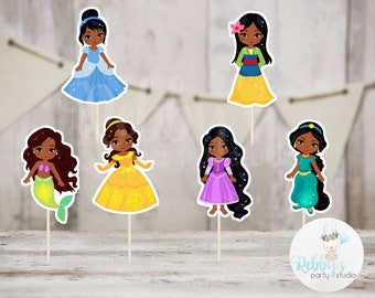 Fairy Tale Party - Set of 12 Assorted African American Princess Cupcake Toppers