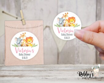 Jungle Safari Baby Shower Pink Personalized Round Sticker