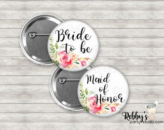 Mellow Floral Bridal Shower Pin Button: Personalized Party Favor