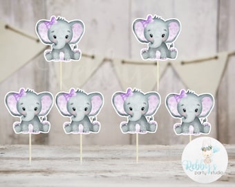Girl Elephant Theme  - Set of 12 Purple Elephant Baby Shower Cupcake Toppers