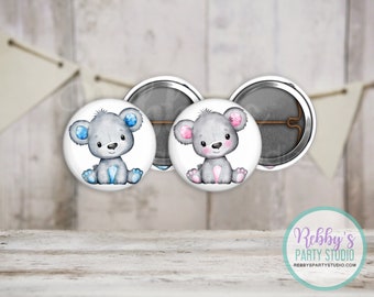 Grey Teddy Bear Mini Pin Buttons – Pink or Blue Party Favor Packs (1 inch)