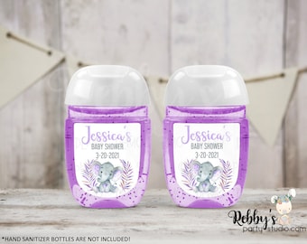 Purple Elephant Personalized Baby Shower Hand Sanitizer Labels , Personalized Favor Stickers , Baby Shower Stickers