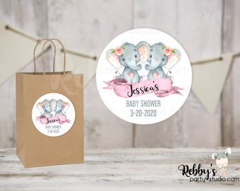 Baby Elephants Twin Girls Baby Shower Personalized Round Sticker