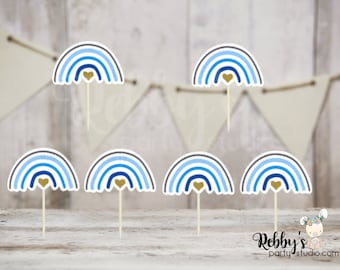 Blue Nordic Rainbow Cupcake Toppers: Baby Shower Birthday Party, Set of 12