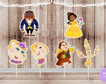 African American Princess Belle and the Beast Cupcake Toppers - Set of 12
