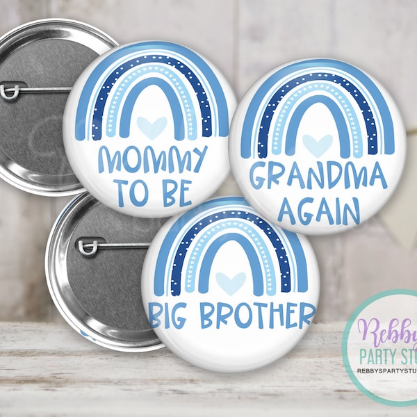 Blue Boho Rainbow Baby Shower Pin Button, Mommy to be Pin Button, Personalized Pinback Button, Boho Rainbow Button Badge