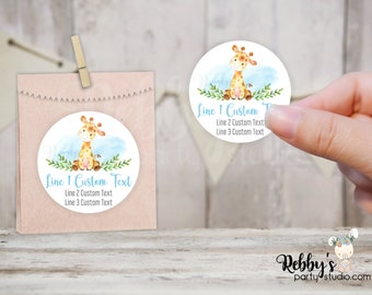 Giraffe Baby Shower Blue Personalized Round Sticker