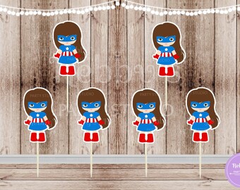 Action Superhero Girl Party - Set of 12 Captain A Girls Inspired Cupcake Toppers