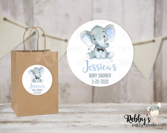 Baby Elephant Baby Shower Blue Personalized Round Sticker
