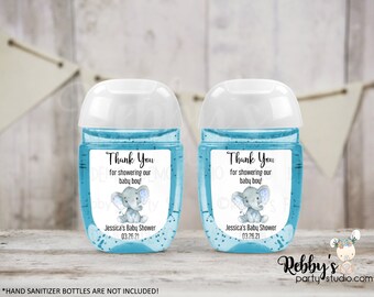Blue Elephant Personalized Thank You Baby Shower Hand Sanitizer Labels , Personalized Favor Stickers , Baby Shower Stickers