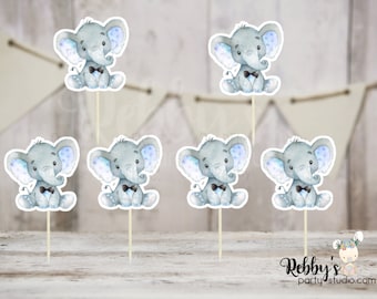 Boy Elephant Theme  - Set of 12 Blue Elephant with Tie Baby Shower Cupcake Toppers