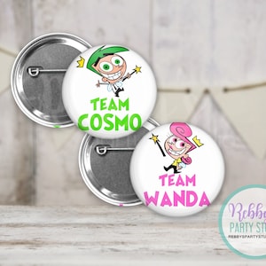Fairly Godparents Theme Gender Reveal Pin Buttons Green and Pink Team Cosmo Team Wanda Gender Reveal Party Favor Team Buttons
