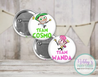 Fairly Godparents Theme Gender Reveal Pin Buttons Green and Pink Team Cosmo Team Wanda Gender Reveal Party Favor Team Buttons