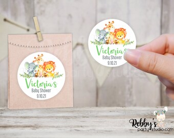 Jungle Safari Personalized Green Baby Shower Circle Stickers, Birthday Party Stickers, Goody Bag Stickers, 10 Different Sizes Available
