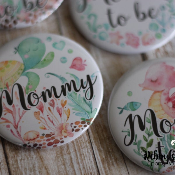 Ocean Friends Baby Shower Party, Personalized Pin Buttons, Under the Sea Mermaid Friends Name Badges