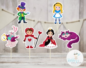Alice and Friends Party - Set of 12 Assorted Alice in Wonderland Inspired Cupcake Toppers