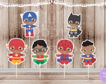African American Baby Superhero Cupcake Toppers - Set of 12