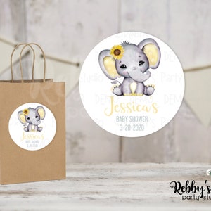 Sunflower Elephant Personalized Baby Shower Round Stickers, Personalized Favor Stickers, Baby Shower Stickers, 10 Different Sizes Available image 1