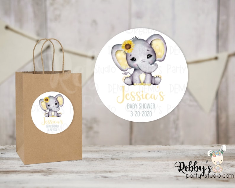 Sunflower Elephant Personalized Baby Shower Round Stickers, Personalized Favor Stickers, Baby Shower Stickers, 10 Different Sizes Available image 1