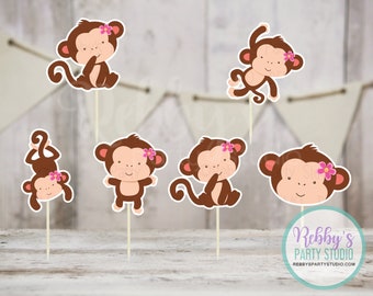 Monkey Girl Party - Set of 12 Assorted Monkey Girls Cupcake Toppers