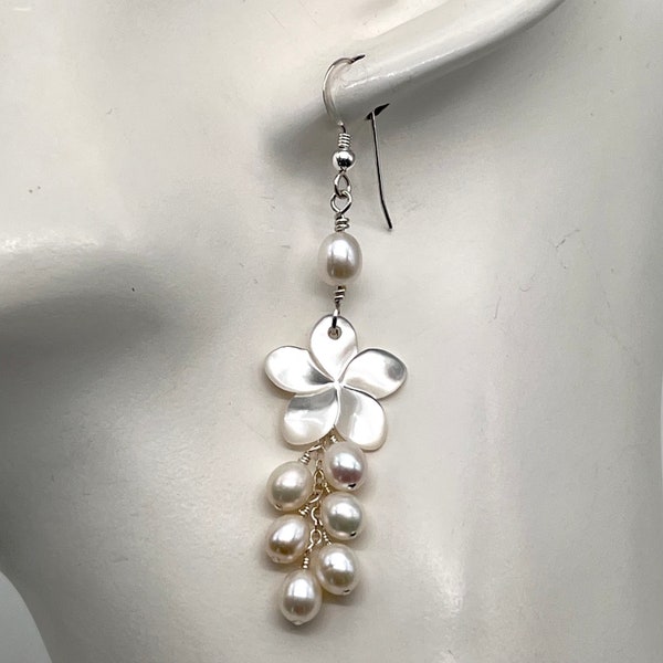 Mother of Pearl Plumeria and Pearl Earrings, Pearl Frangipani Earrings