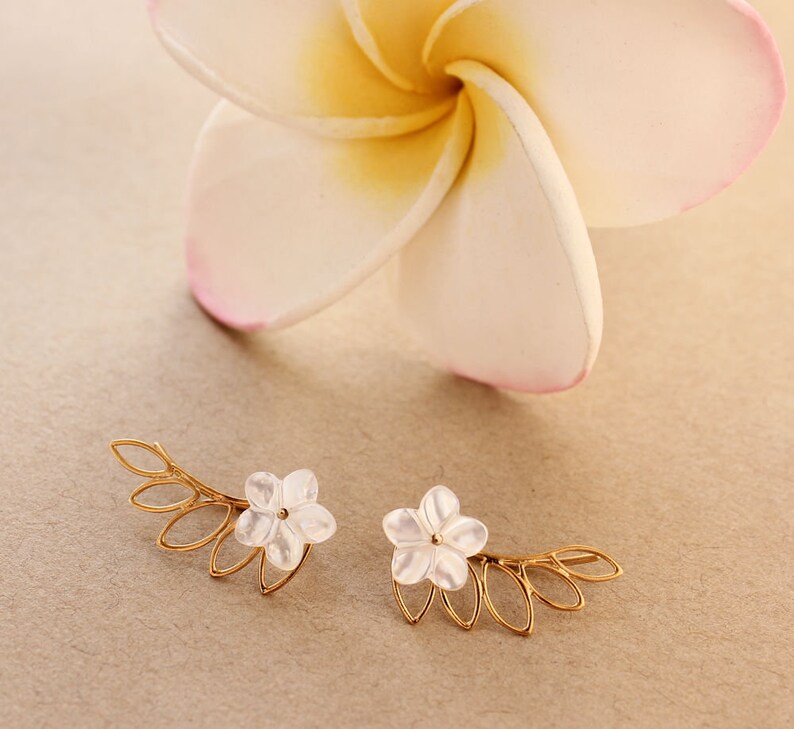 Mother of Pearl Frangipani Earrings Hawaiian Earrings Bridesmaid Gift Beach Wedding Earrings Silver Plumeria Earring Climbers