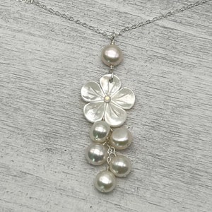 Mother of Pearl Plumeria Necklace,  Freshwater Pearl Frangipani Necklace
