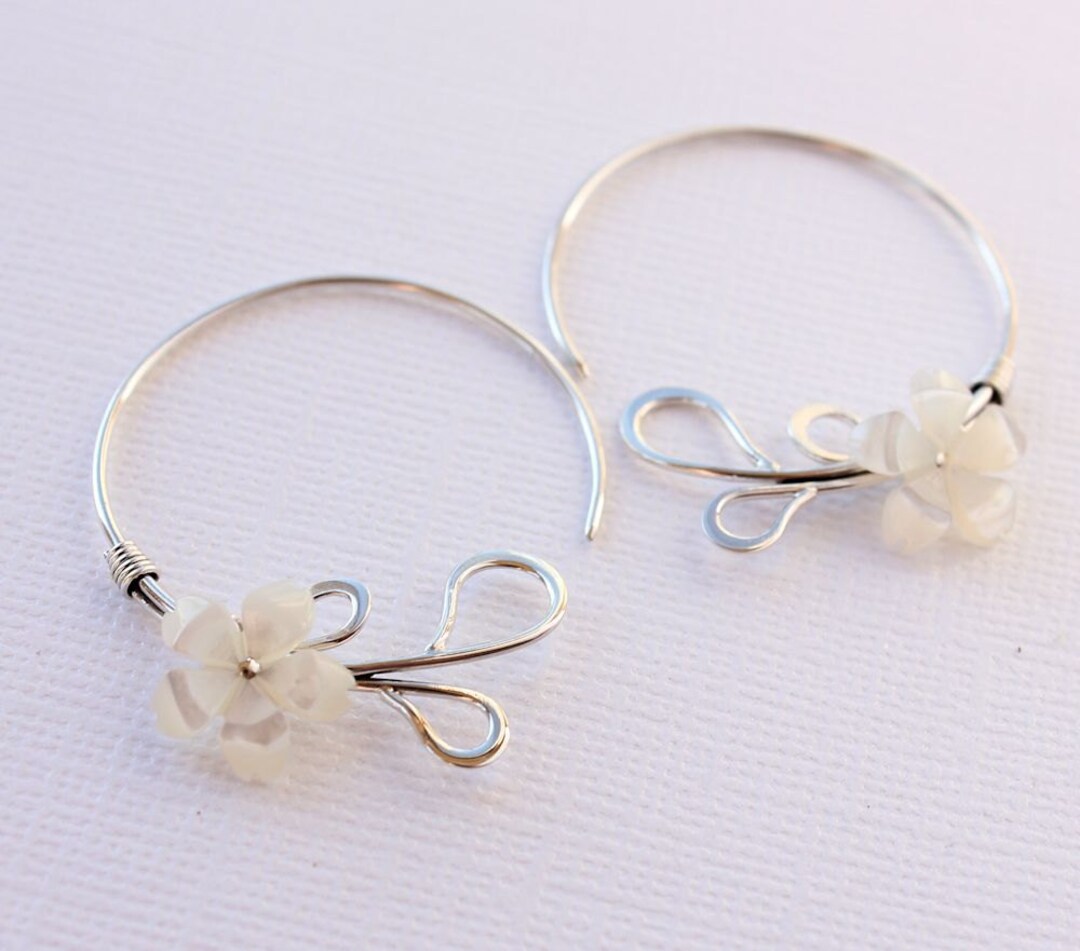 Mother of Pearl Plumeria Hoop Earrings, Pearl Frangipani Earrings Etsy