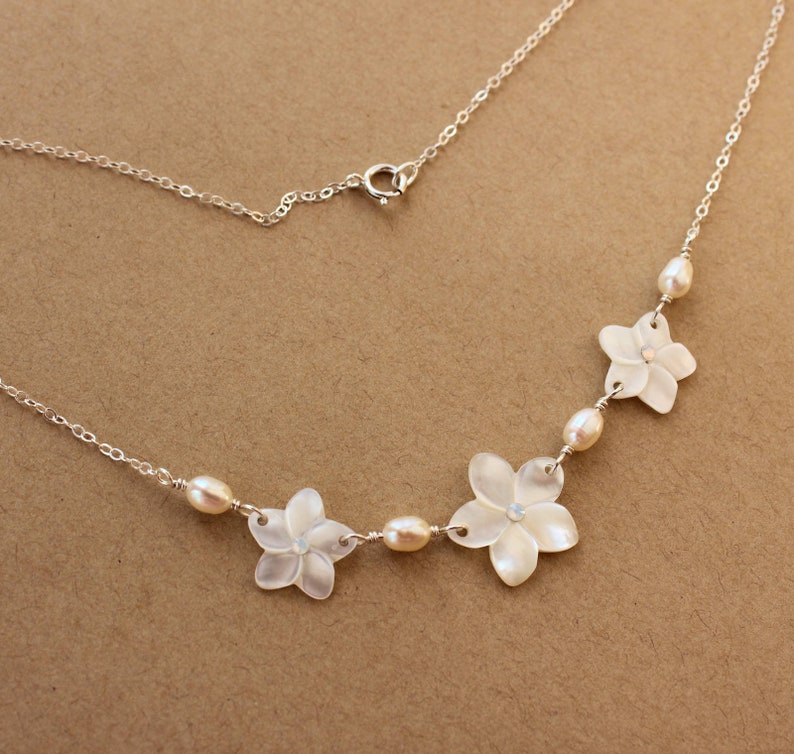 Mother of Pearl Plumeria and Pearl Necklace Shell Frangipani Etsy