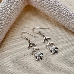 Sterling Silver Plumeria Earrings: Modern Floral Drop Earrings