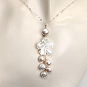 Carved Mother of Pearl Plumeria and Button Pearl Necklace