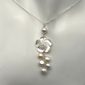 Carved Mother of Pearl Plumeria and Button Pearl Necklace