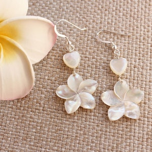 Carved Mother of Pearl Plumeria and Heart Mother of Pearl Earrings