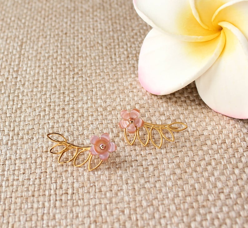 Mother of Pearl Frangipani Earrings Hawaiian Earrings Bridesmaid Gift Beach Wedding Earrings Silver Plumeria Earring Climbers