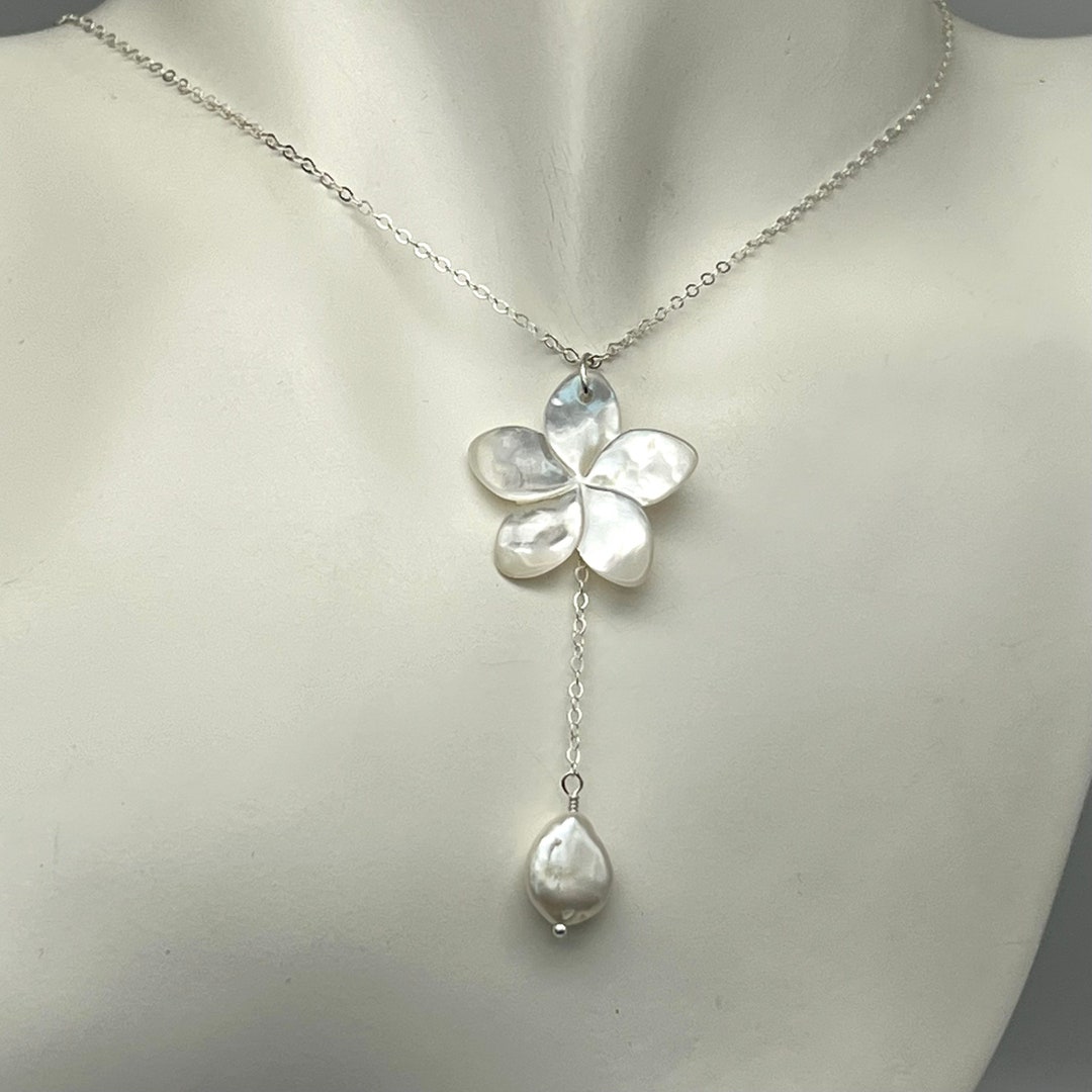 White Mother of Pearl Plumeria Y Necklace, Frangipani Shell Pearl