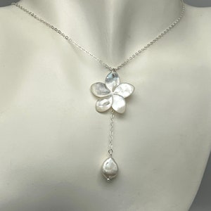 White Mother of Pearl Plumeria Y Necklace, Frangipani Shell Pearl Necklace