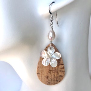 Mother of Pearl Plumeria and Cork Teardrop Earrings, Pearl Frangipani Earrings