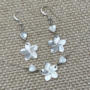 Mother of Pearl Plumeria and Heart Necklace, Shell Frangipani Necklace ...