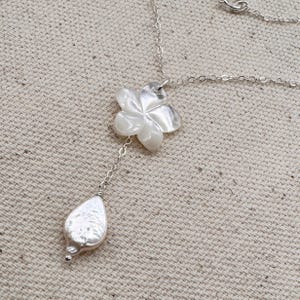 White Mother of Pearl Plumeria Y Necklace, Frangipani Shell Pearl ...