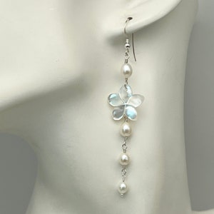 White Mother of Pearl Plumeria Earrings: Sterling Silver, Pearls Frangipani