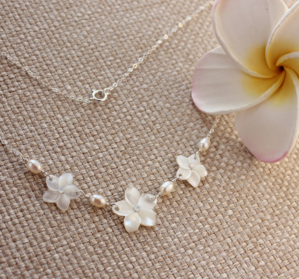 Mother of Pearl Plumeria and Pearl Necklace Shell Frangipani Etsy