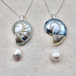 May include: Two silver chain necklaces, each featuring a nautilus shell pendant with an iridescent finish. The left pendant displays grey and white tones, while the right pendant shows blue and white hues. Each shell is accented with a white pearl drop.