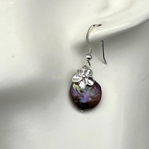 Purple Coin Pearl Earrings: Sterling Silver Plumeria Frangipani