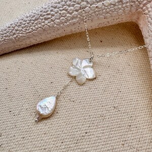 White Mother of Pearl Plumeria Y Necklace, Frangipani Shell Pearl ...