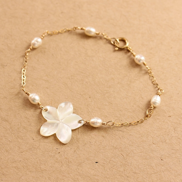Pearl and Mother of Pearl Plumeria Bracelet