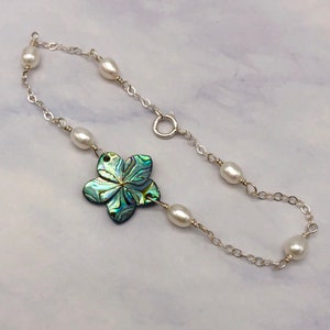 Pearl and Abalone Shell Plumeria Bracelet or Anklet