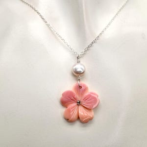 Pink or Peach Queen Conch Shell Plumeria and Button Pearl Necklace, Frangipani Choker Necklace