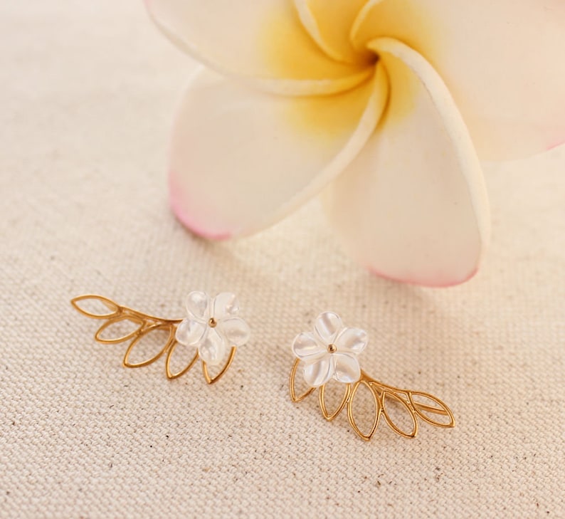 Mother of Pearl Frangipani Earrings Hawaiian Earrings Bridesmaid Gift Beach Wedding Earrings Silver Plumeria Earring Climbers