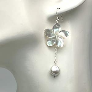 Mother of Pearl Plumeria Earrings: Sterling Silver Frangipani & Freshwater Pearl